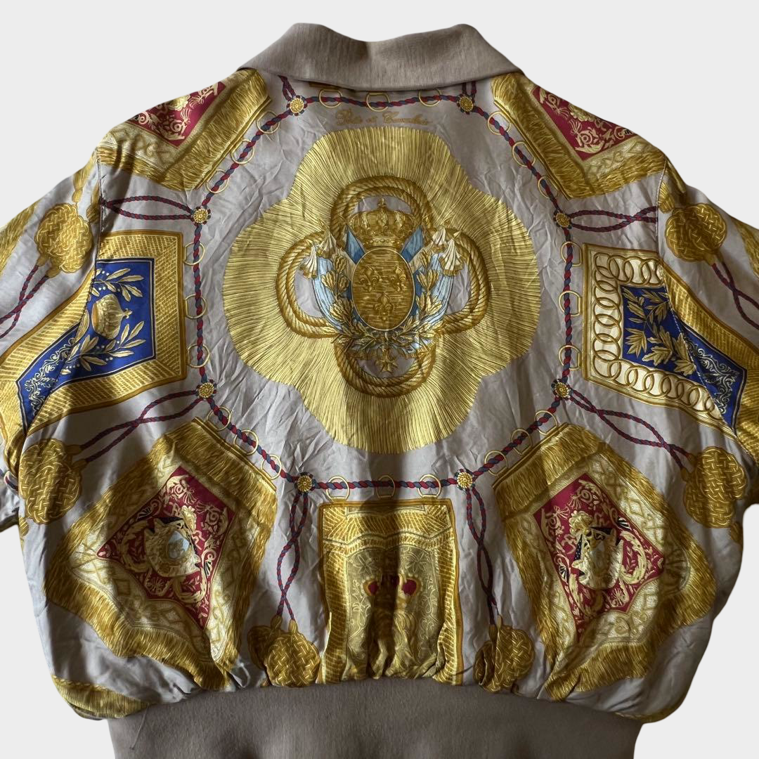 Vintage Hermès 80s Reversible Silk Bomber Jacket Gold Equestrian Medallion Print