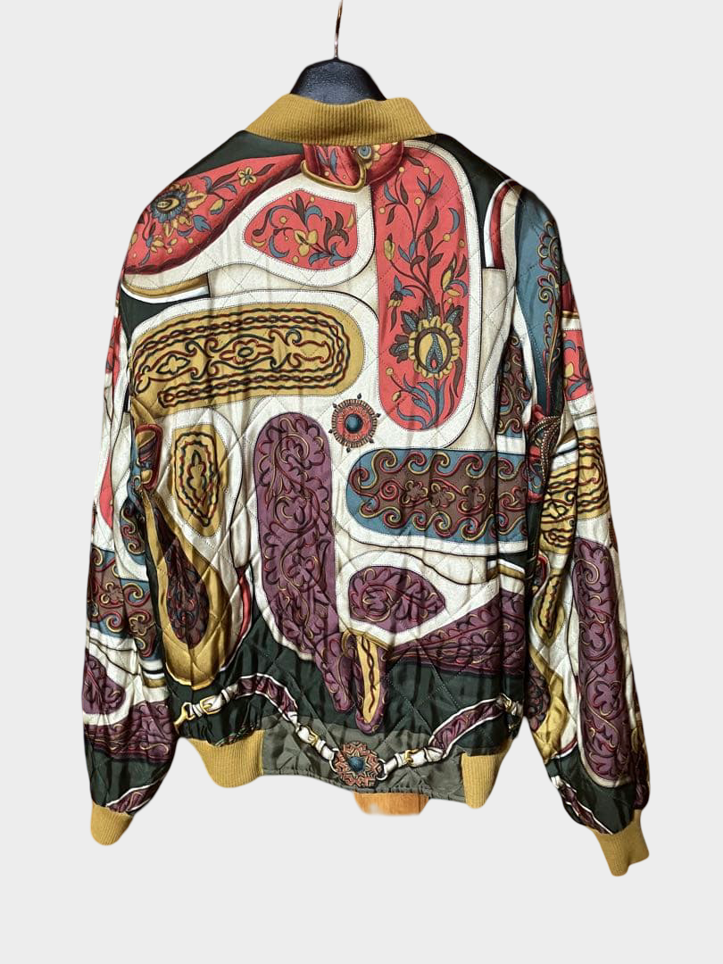 Vintage Hermès 90s Reversible Silk Bomber Olive Equestrian Print XL France