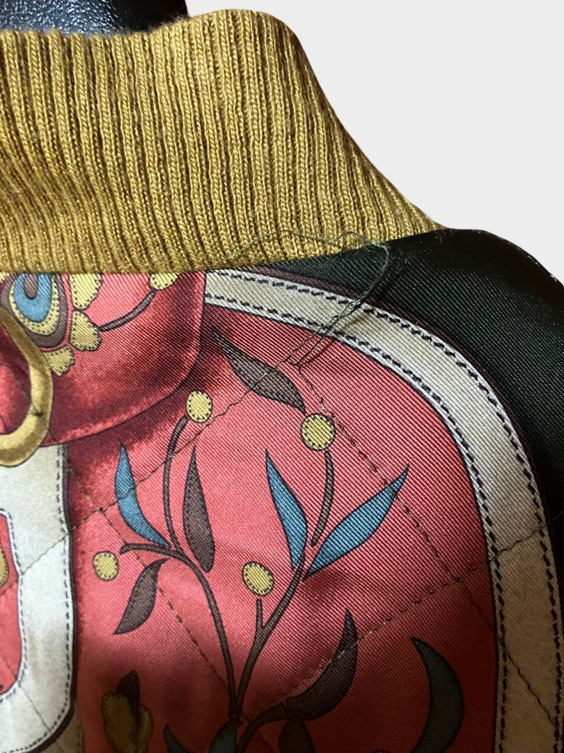 Vintage Hermès 90s Reversible Silk Bomber Olive Equestrian Print XL France