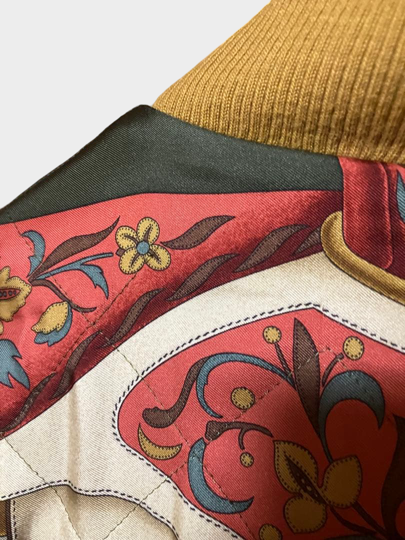 Vintage Hermès 90s Reversible Silk Bomber Olive Equestrian Print XL France