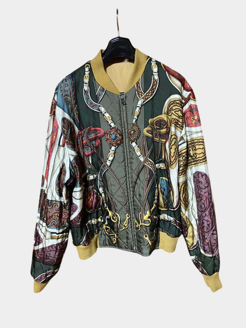 Vintage Hermès 90s Reversible Silk Bomber Olive Equestrian Print XL France