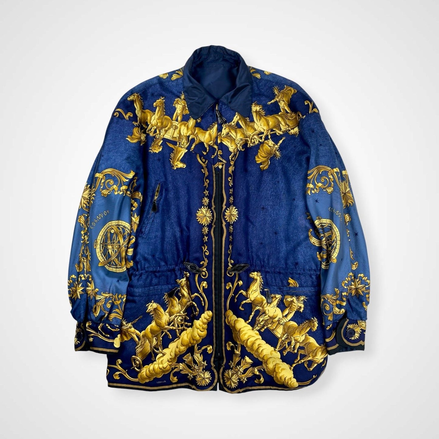 Vintage Hermès COSMOS Silk Reversible Jacket Navy Gold Equestrian Print Size 40 France