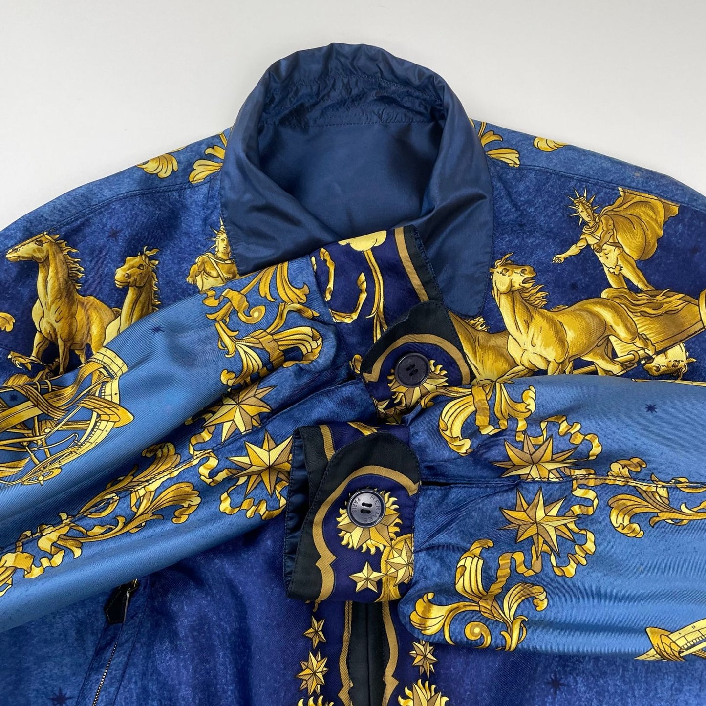 Vintage Hermès COSMOS Silk Reversible Jacket Navy Gold Equestrian Print Size 40 France