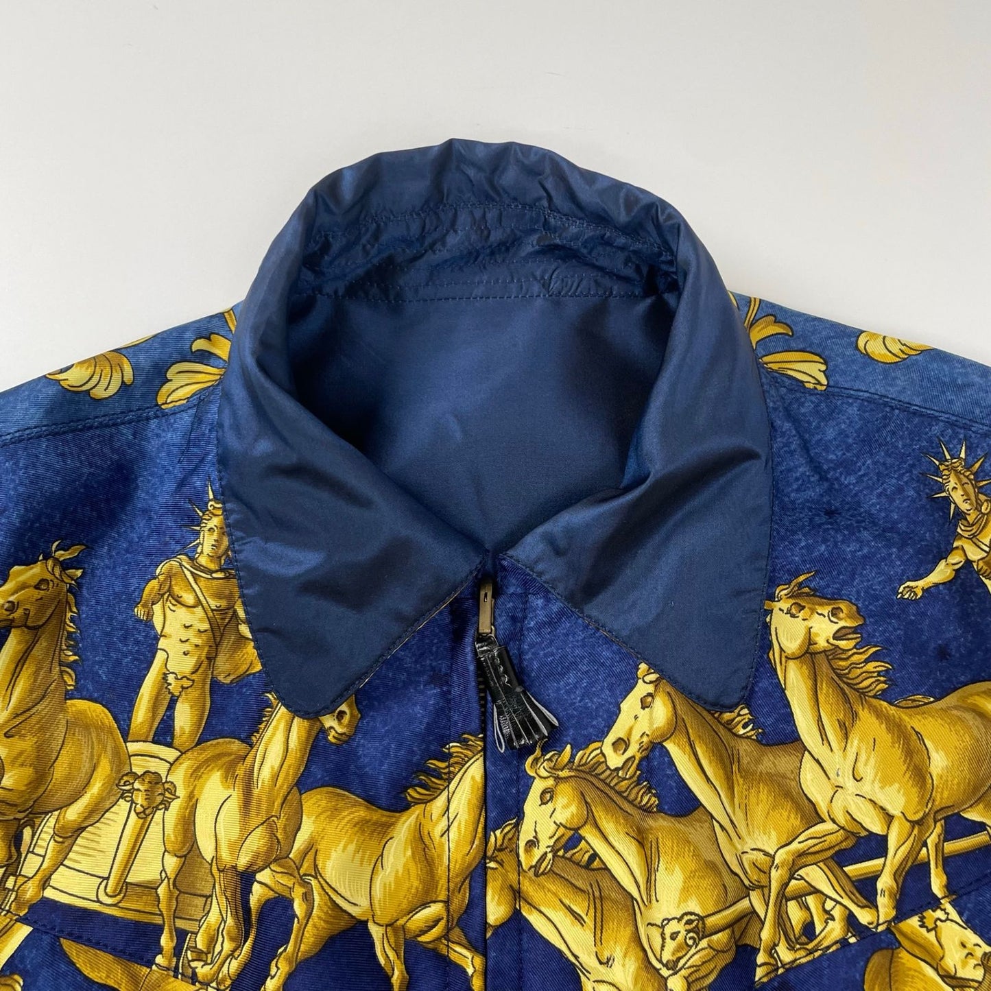 Vintage Hermès COSMOS Silk Reversible Jacket Navy Gold Equestrian Print Size 40 France