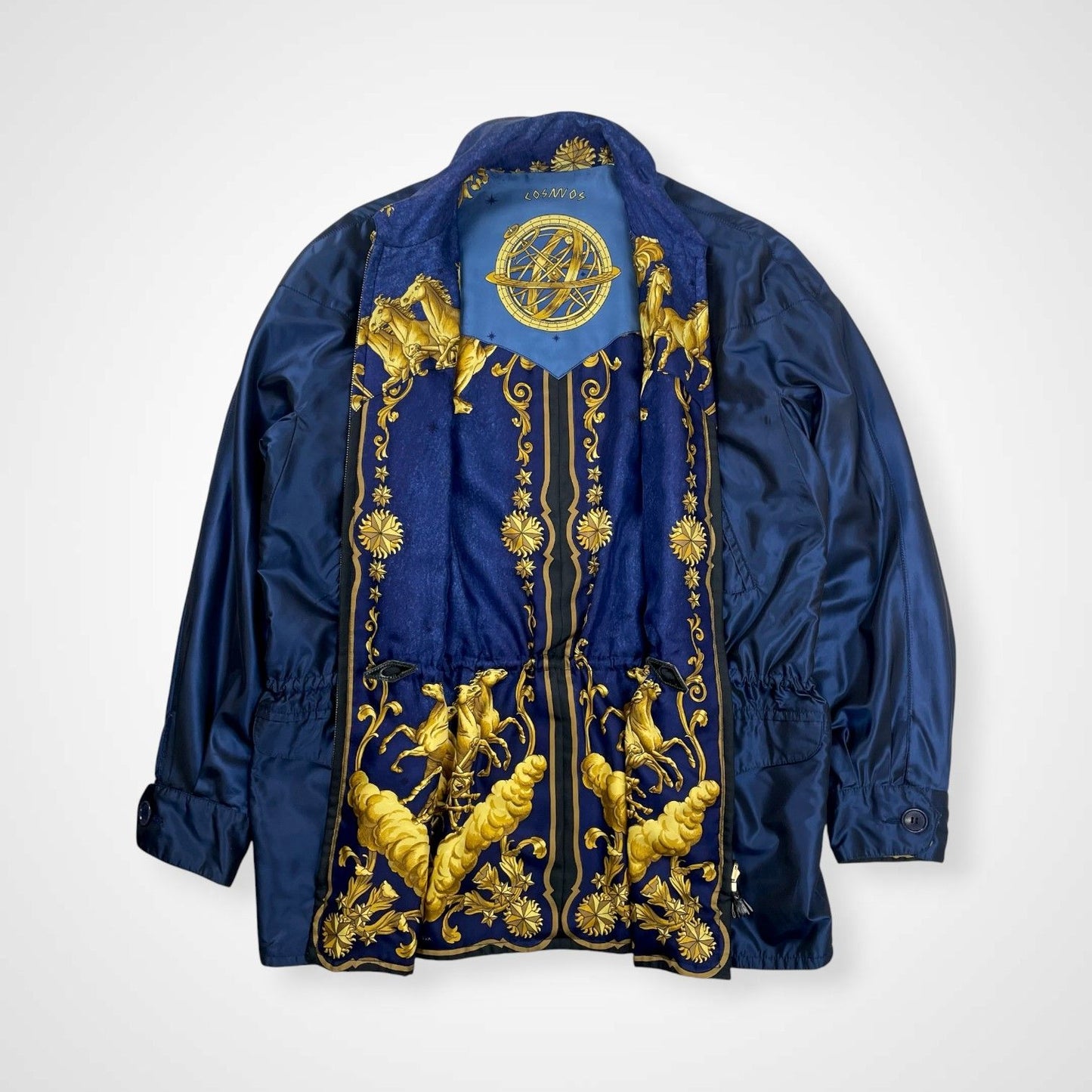 Vintage Hermès COSMOS Silk Reversible Jacket Navy Gold Equestrian Print Size 40 France