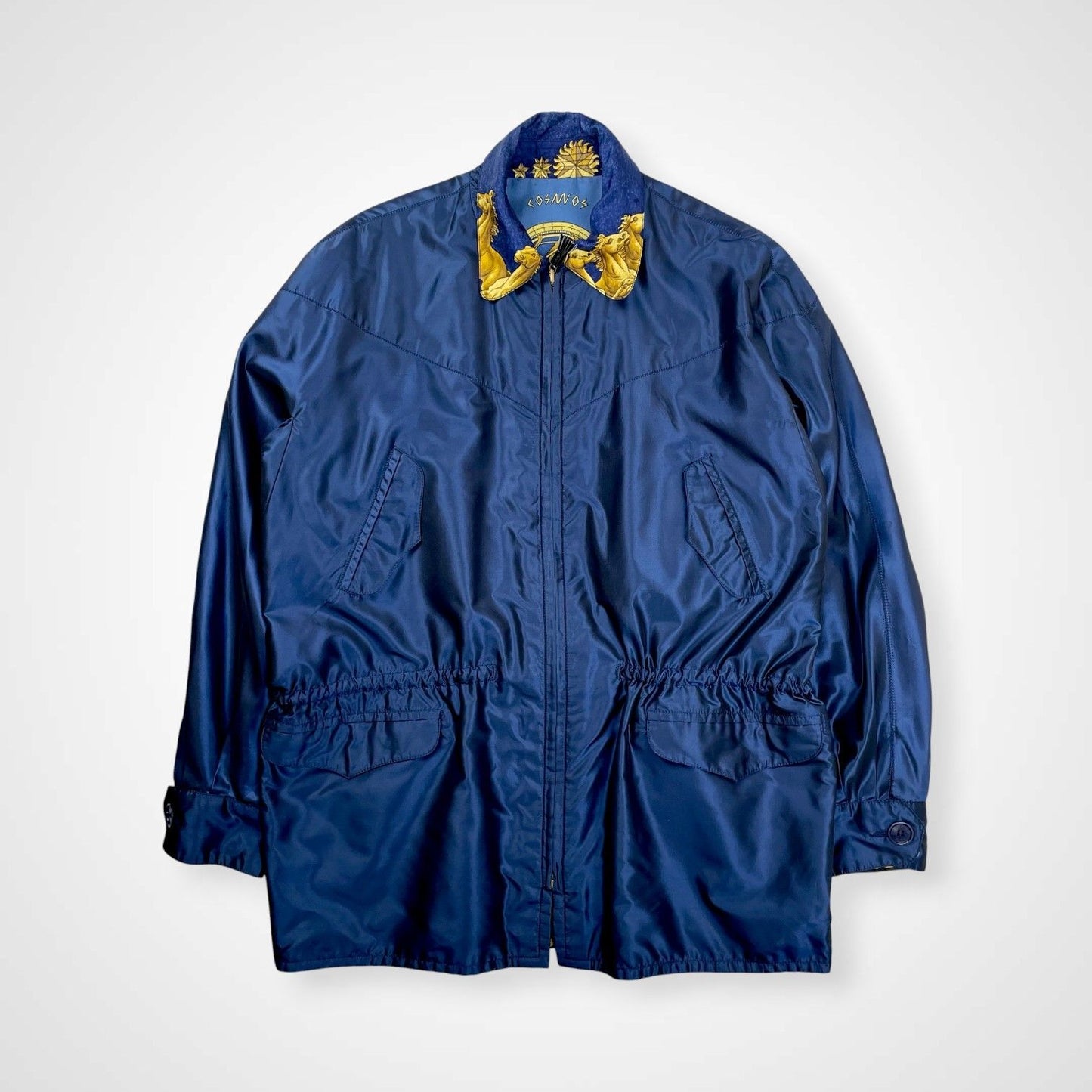 Vintage Hermès COSMOS Silk Reversible Jacket Navy Gold Equestrian Print Size 40 France