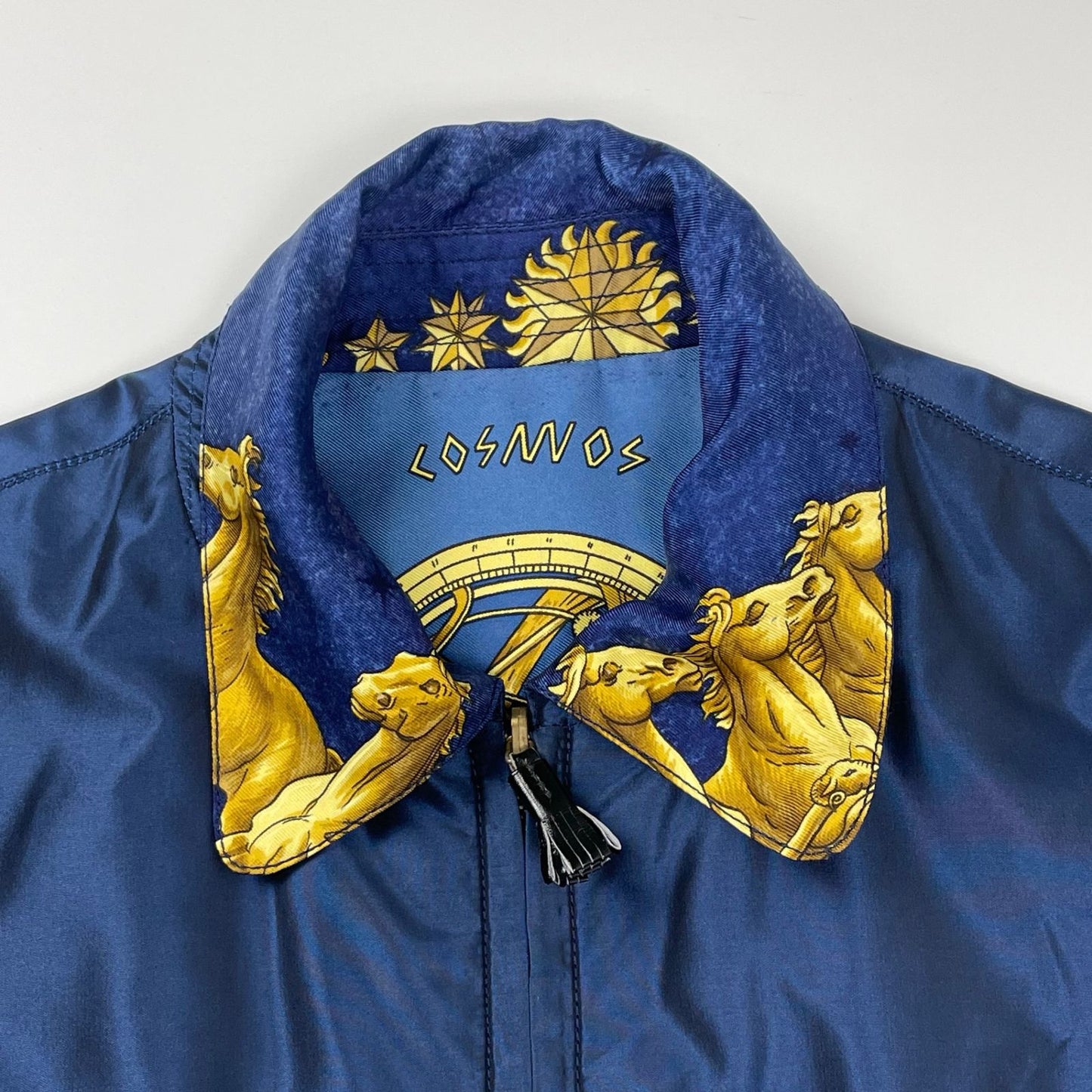 Vintage Hermès COSMOS Silk Reversible Jacket Navy Gold Equestrian Print Size 40 France