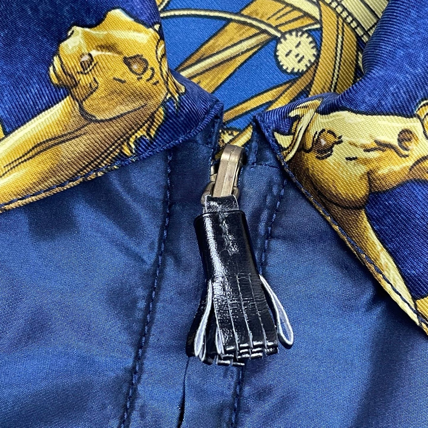 Vintage Hermès COSMOS Silk Reversible Jacket Navy Gold Equestrian Print Size 40 France