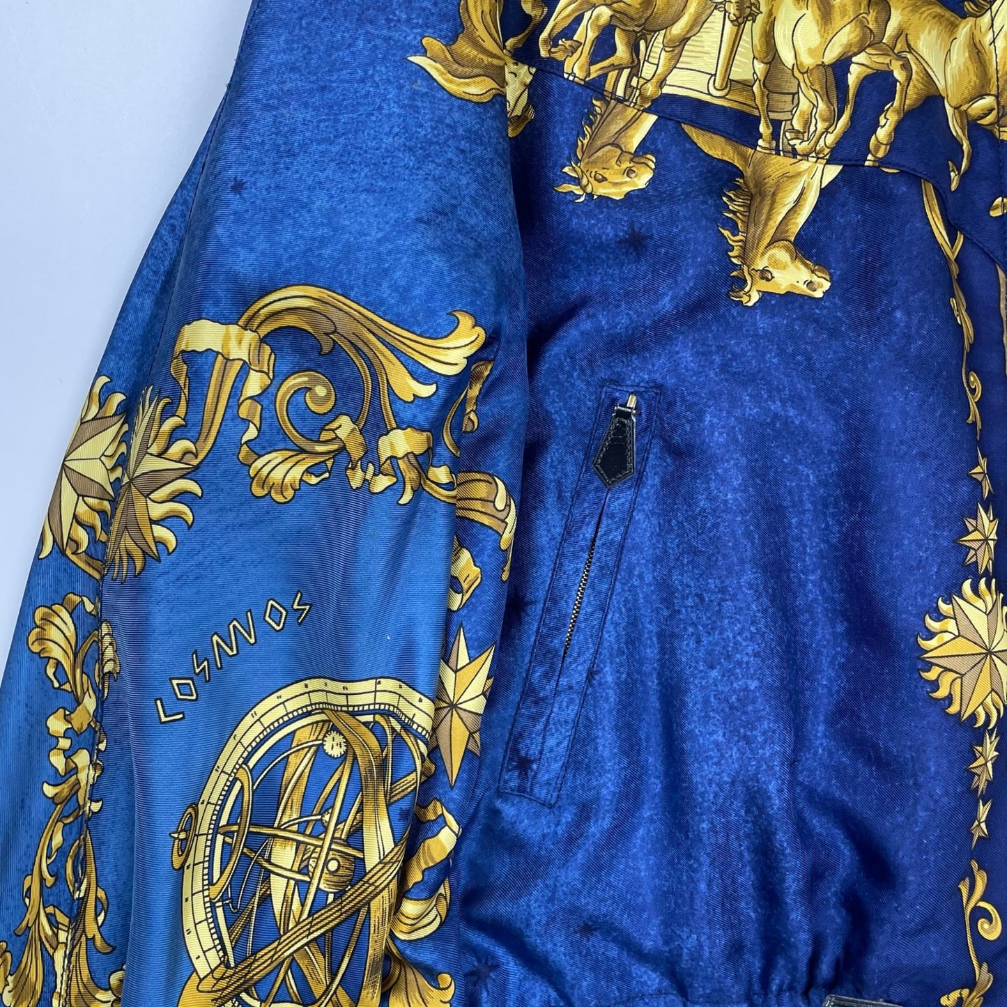 Vintage Hermès COSMOS Silk Reversible Jacket Navy Gold Equestrian Print Size 40 France