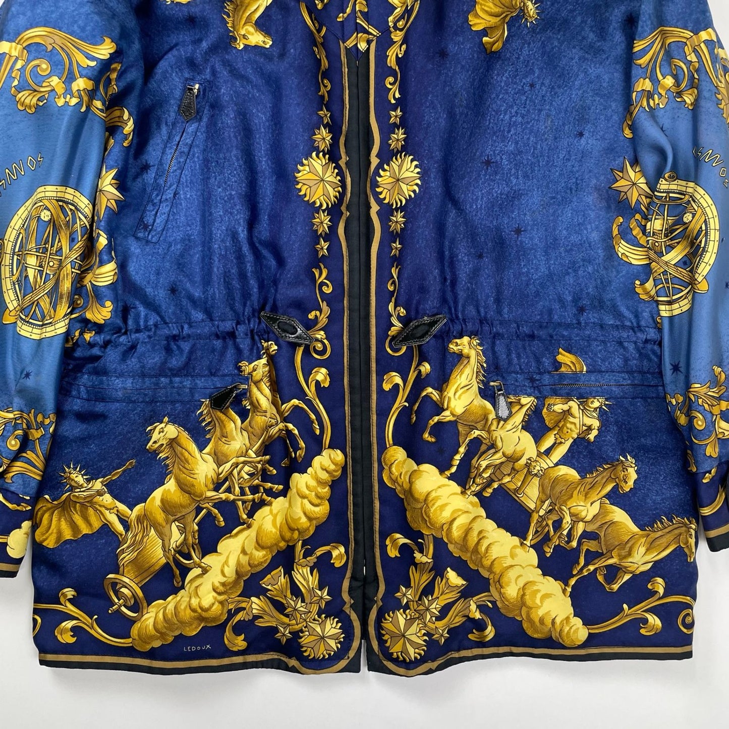 Vintage Hermès COSMOS Silk Reversible Jacket Navy Gold Equestrian Print Size 40 France