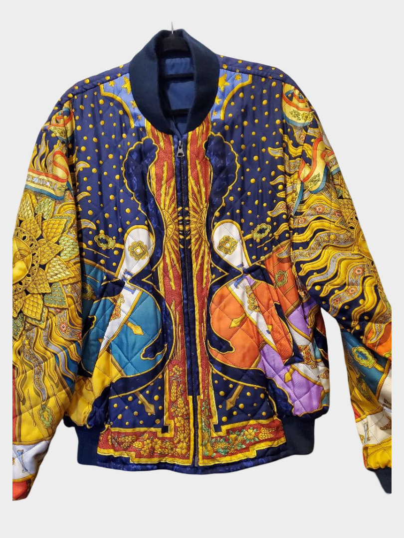 Vintage Hermès Carpe Diem Silk Quilted Bomber Jacket Reversible Sun Motif