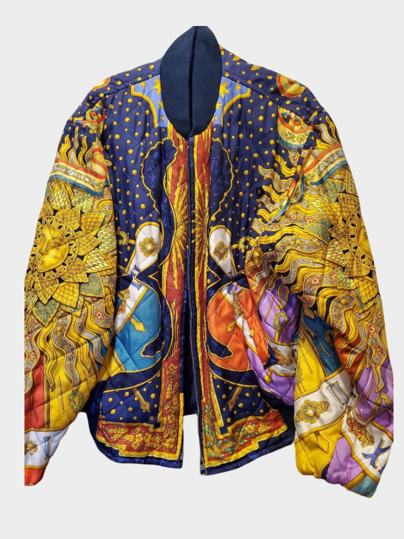 Vintage Hermès Carpe Diem Silk Quilted Bomber Jacket Reversible Sun Motif
