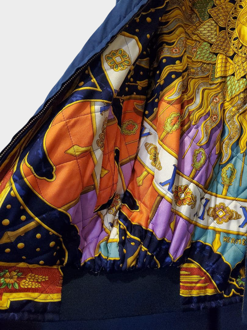Vintage Hermès Carpe Diem Silk Quilted Bomber Jacket Reversible Sun Motif