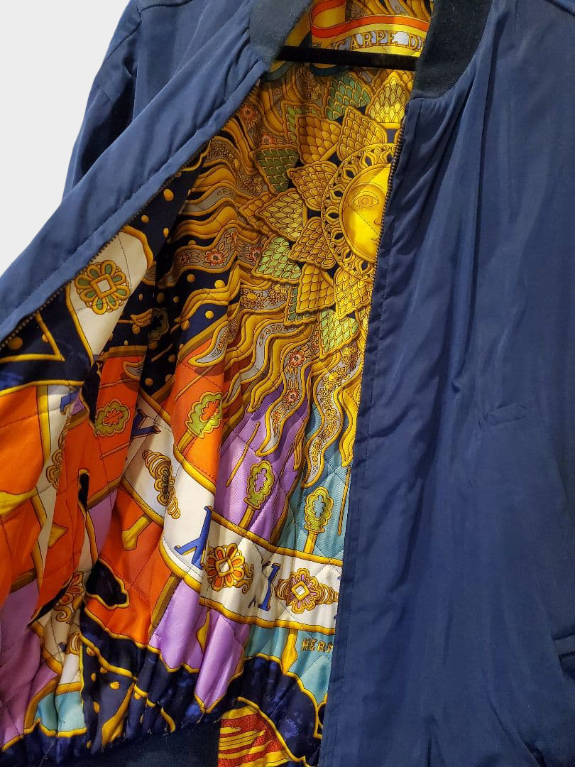 Vintage Hermès Carpe Diem Silk Quilted Bomber Jacket Reversible Sun Motif