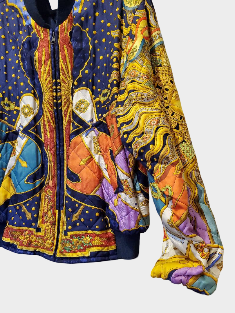 Vintage Hermès Carpe Diem Silk Quilted Bomber Jacket Reversible Sun Motif