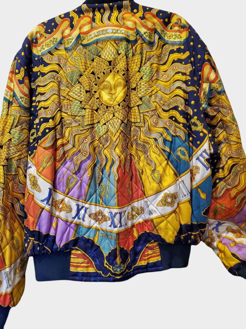 Vintage Hermès Carpe Diem Silk Quilted Bomber Jacket Reversible Sun Motif