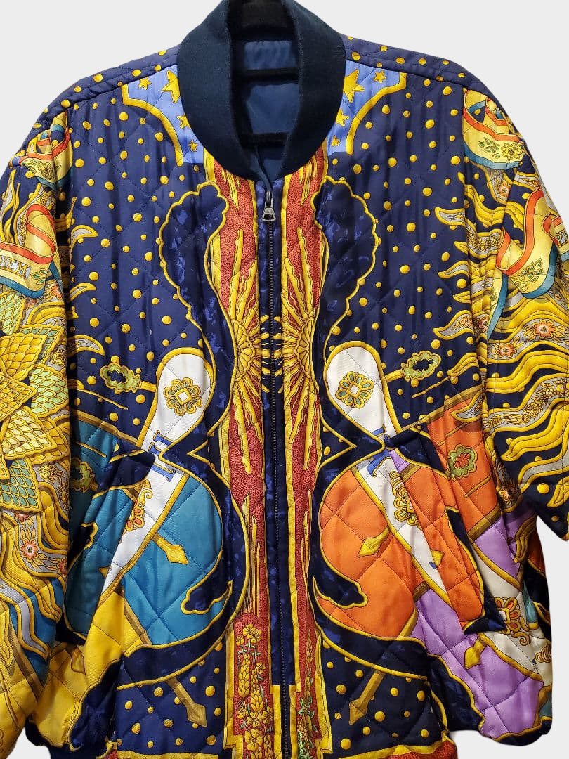 Vintage Hermès Carpe Diem Silk Quilted Bomber Jacket Reversible Sun Motif