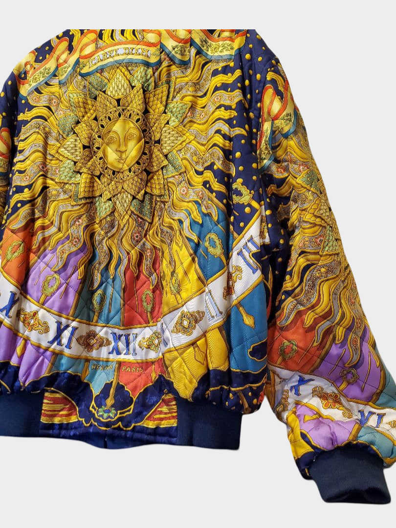 Vintage Hermès Carpe Diem Silk Quilted Bomber Jacket Reversible Sun Motif