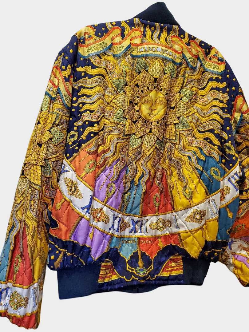 Vintage Hermès Carpe Diem Silk Quilted Bomber Jacket Reversible Sun Motif