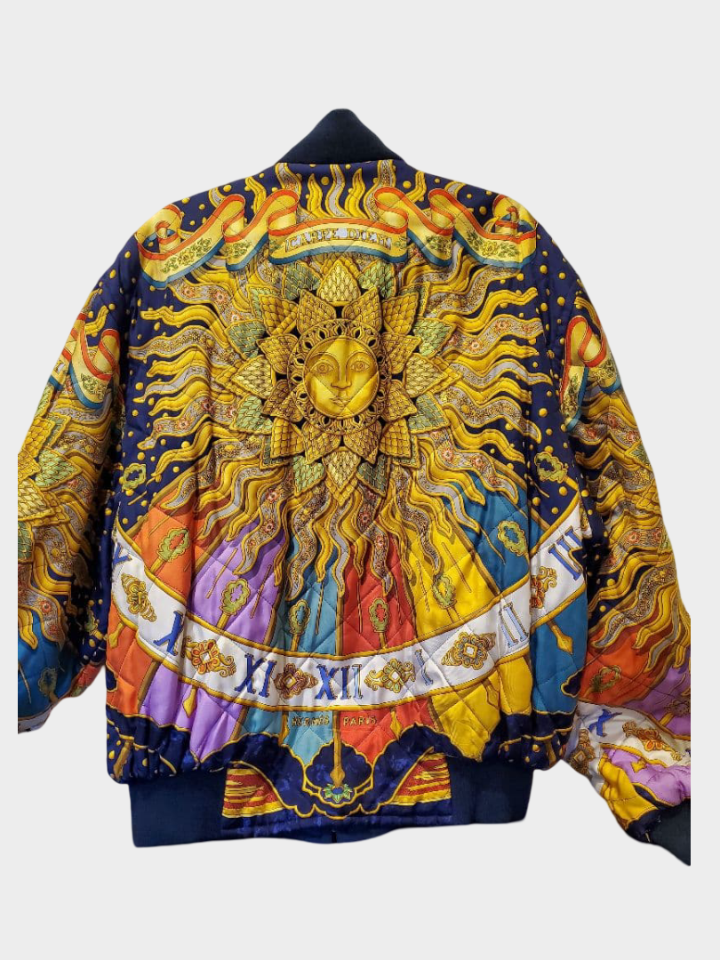 Vintage Hermès Carpe Diem Silk Quilted Bomber Jacket Reversible Sun Motif