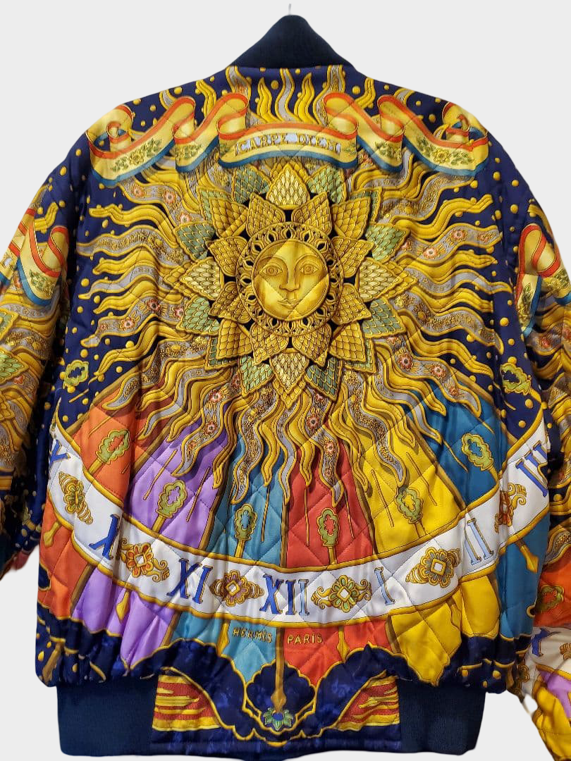 Vintage Hermès Carpe Diem Silk Quilted Bomber Jacket Reversible Sun Motif
