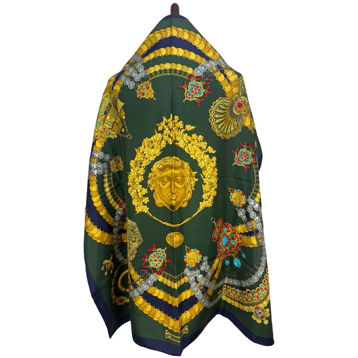 Vintage Hermès Emerald Green Gold Equestrian Medallion Silk Scarf 88cm Carré 90