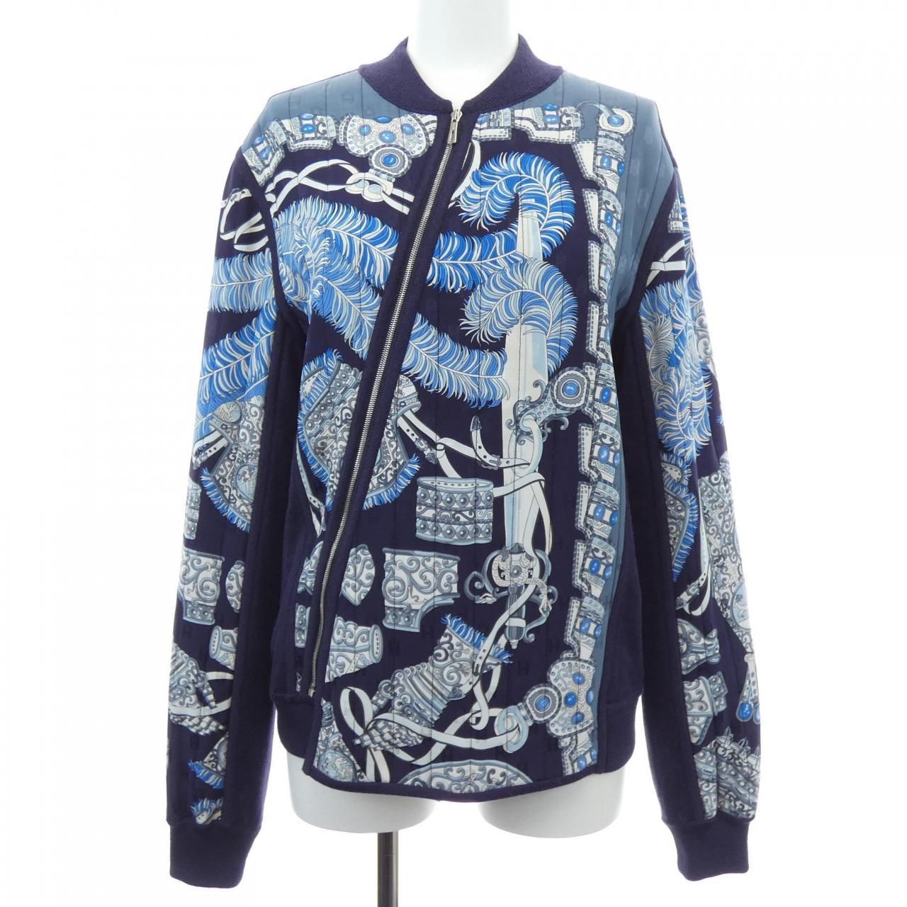 Vintage Hermès Maritime Silk Bomber Jacket Navy Blue Equestrian Chain Print Size 38