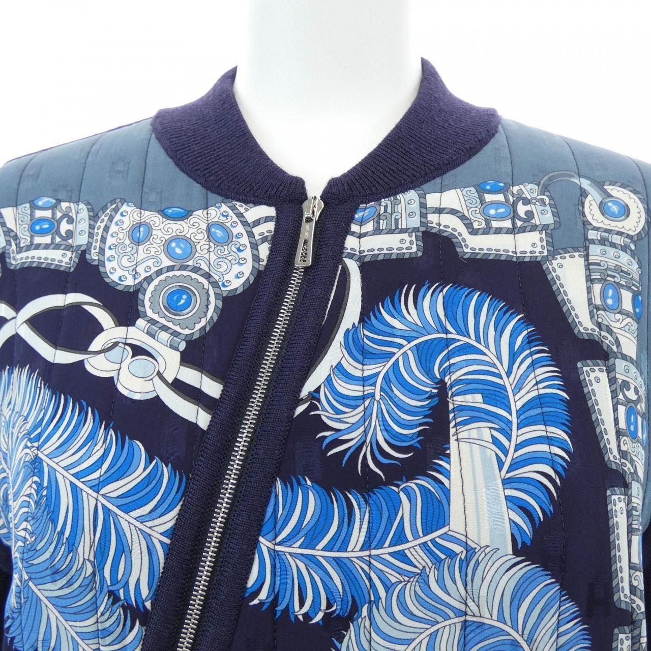 Vintage Hermès Maritime Silk Bomber Jacket Navy Blue Equestrian Chain Print Size 38