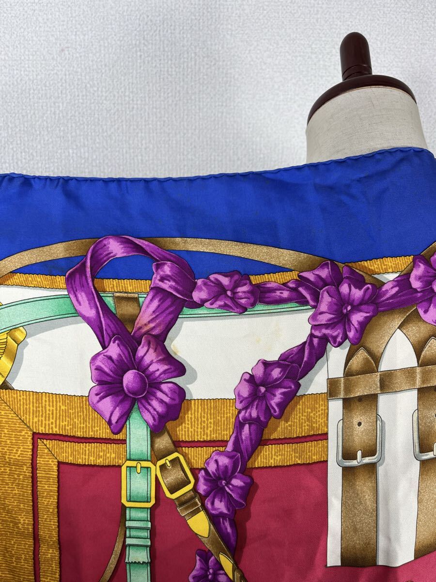 Vintage Hermès Red Blue Gold Equestrian Harness Silk Scarf 80cm Square