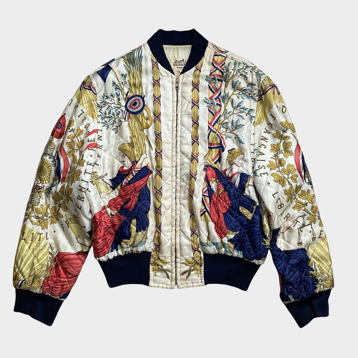 Vintage Hermès Silk Bomber Jacket Liberté Égalité Fraternité French Republic Print Size 38