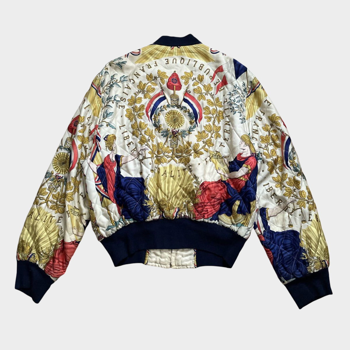 Vintage Hermès Silk Bomber Jacket Liberté Égalité Fraternité French Republic Print Size 38