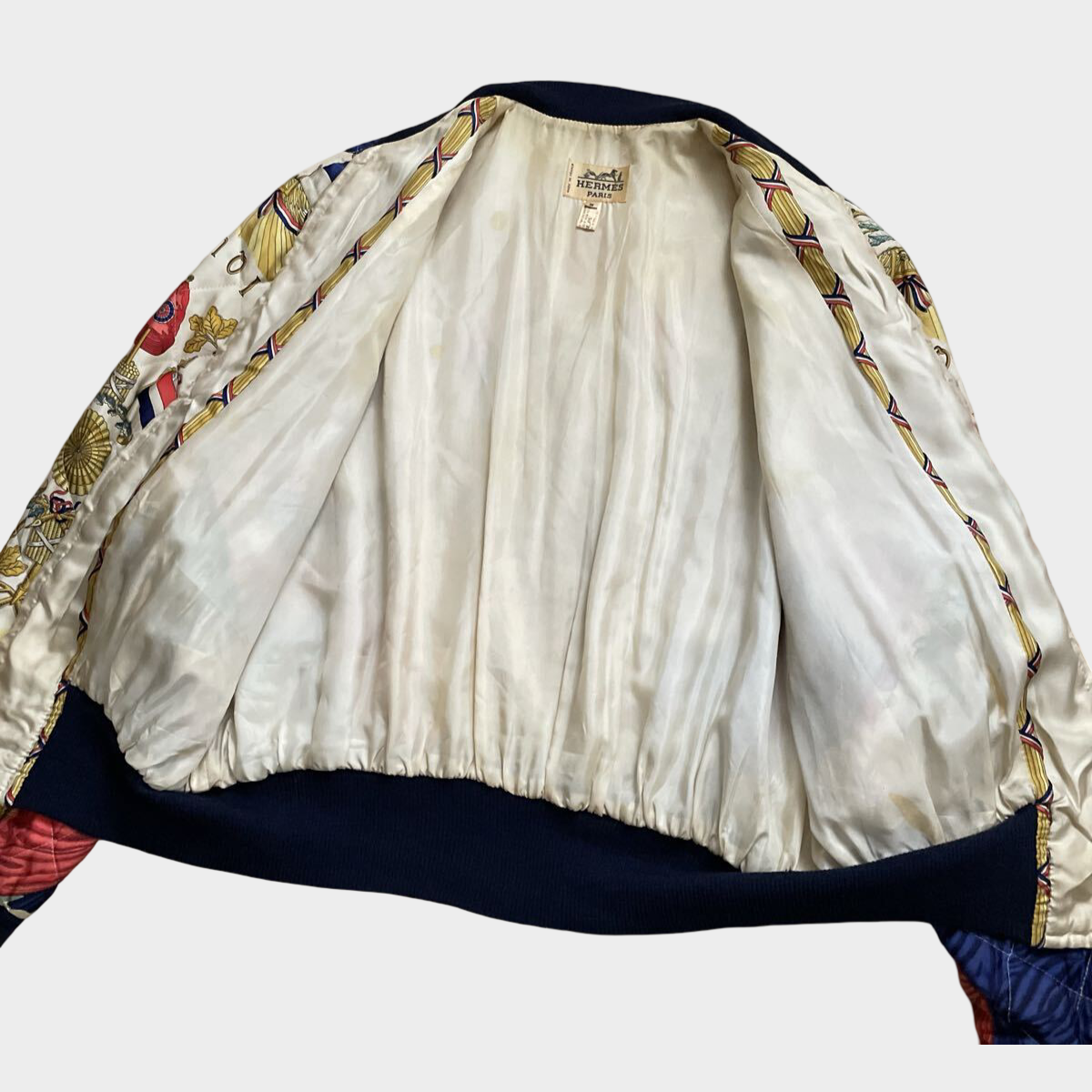 Vintage Hermès Silk Bomber Jacket Liberté Égalité Fraternité French Republic Print Size 38