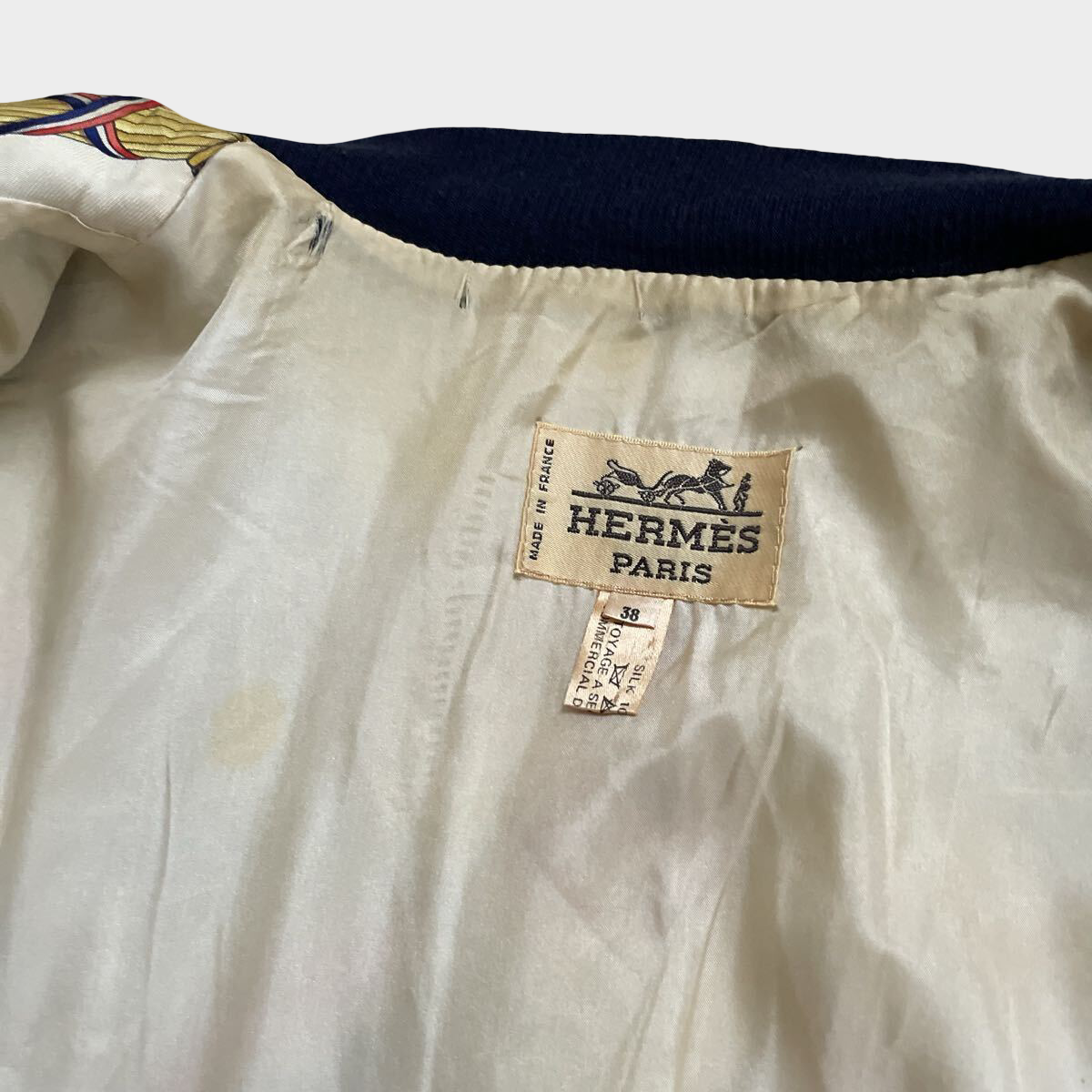 Vintage Hermès Silk Bomber Jacket Liberté Égalité Fraternité French Republic Print Size 38