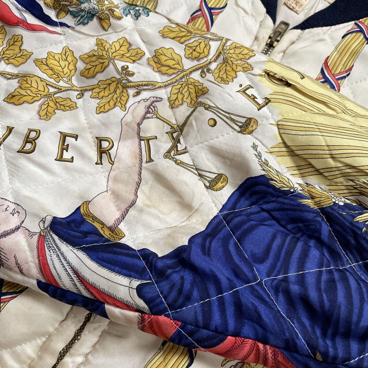 Vintage Hermès Silk Bomber Jacket Liberté Égalité Fraternité French Republic Print Size 38