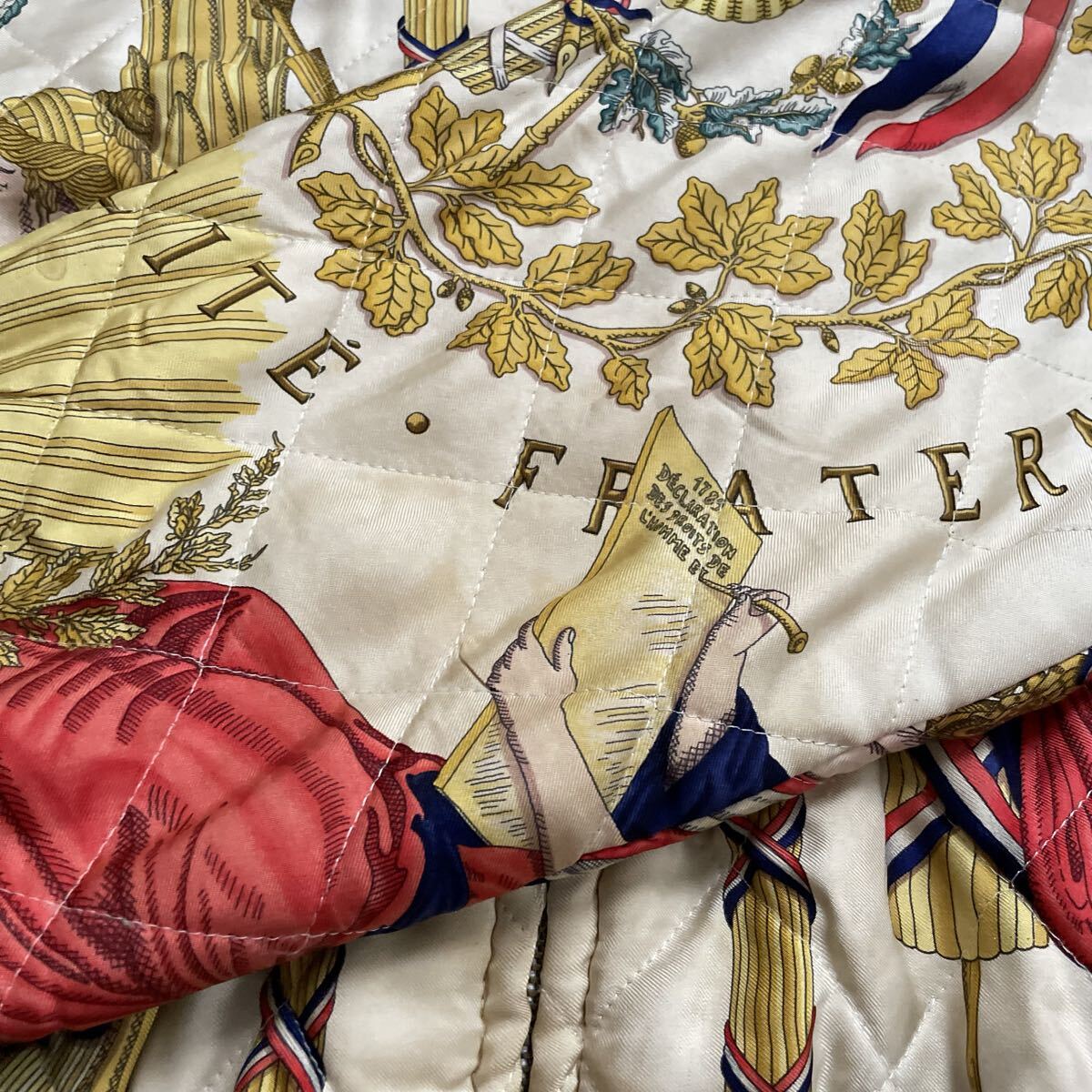 Vintage Hermès Silk Bomber Jacket Liberté Égalité Fraternité French Republic Print Size 38
