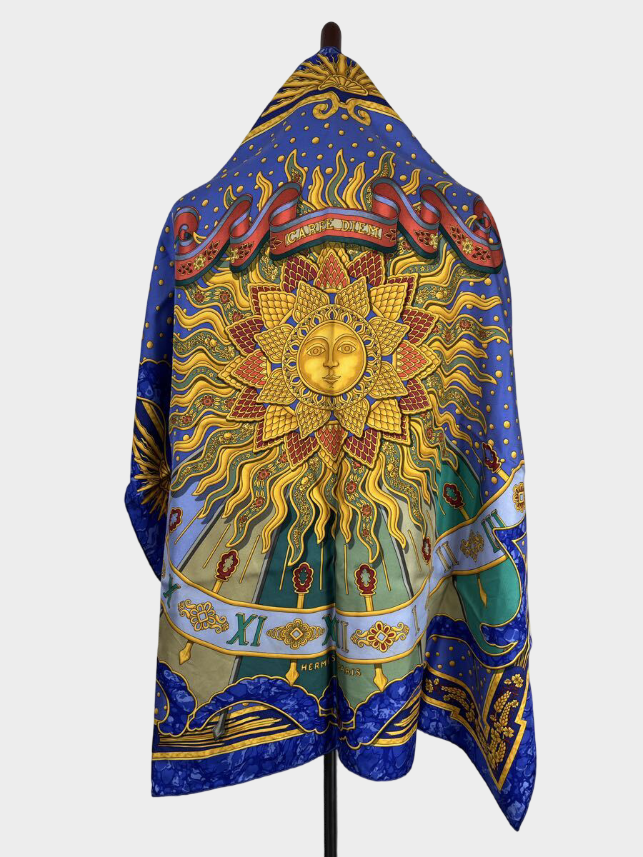 Vintage Hermès Silk Carré 85cm Blue Gold Sun Medallion Celestial Print Scarf