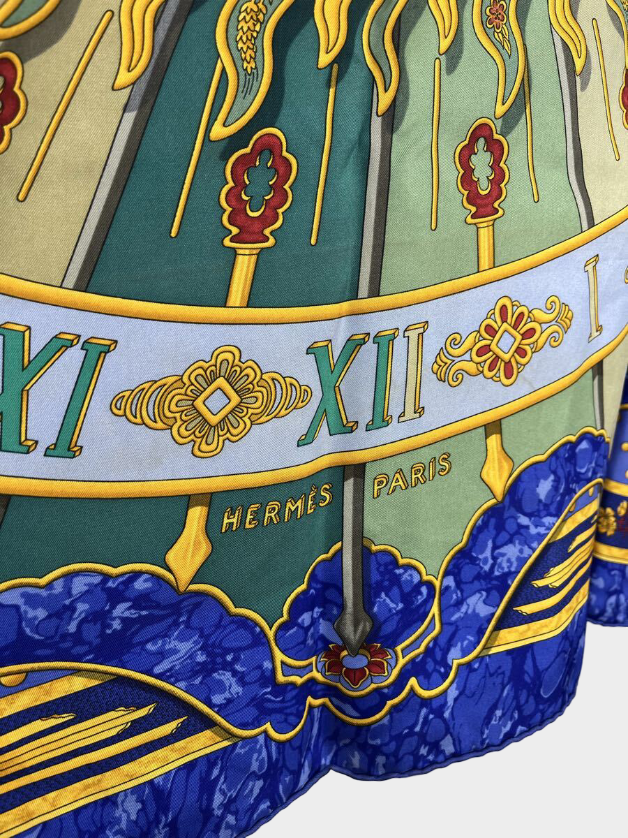 Vintage Hermès Silk Carré 85cm Blue Gold Sun Medallion Celestial Print Scarf