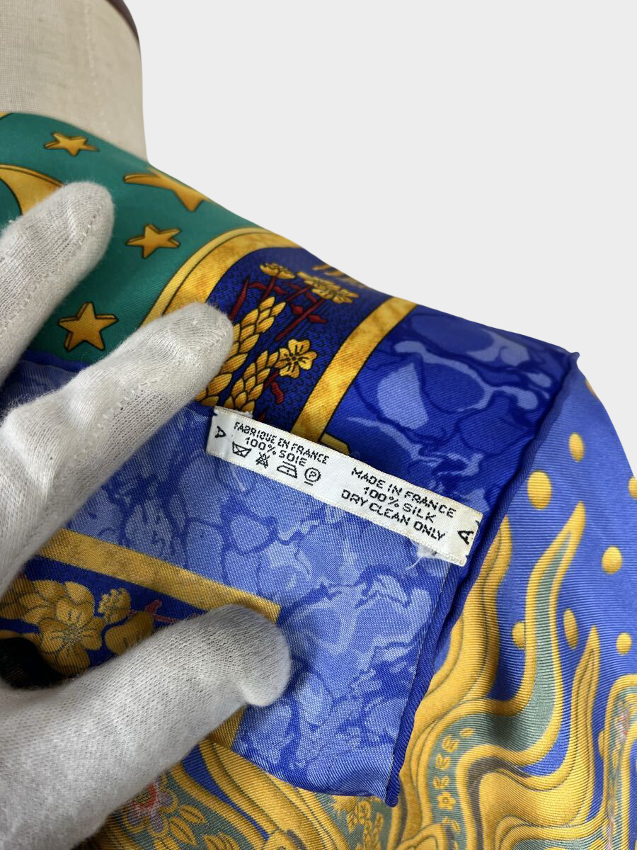 Vintage Hermès Silk Carré 85cm Blue Gold Sun Medallion Celestial Print Scarf