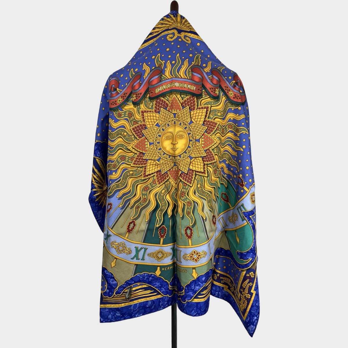 Vintage Hermès Silk Carré 85cm Blue Gold Sun Medallion Celestial Print Scarf