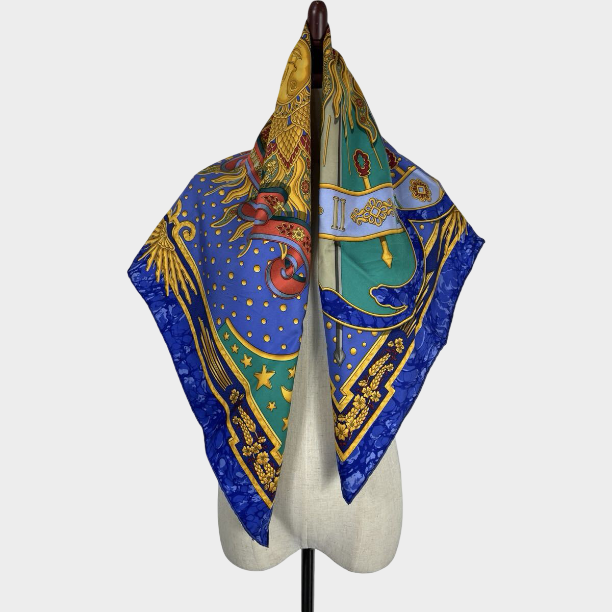 Vintage Hermès Silk Carré 85cm Blue Gold Sun Medallion Celestial Print Scarf