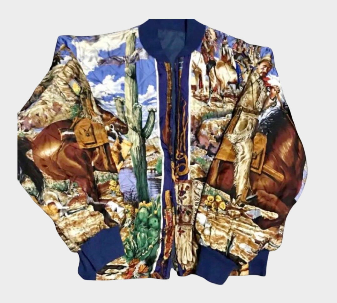 Vintage Hermès Silk MA-1 Western Frontier Cowboy Desert Print Jacket Size 48 Reversible