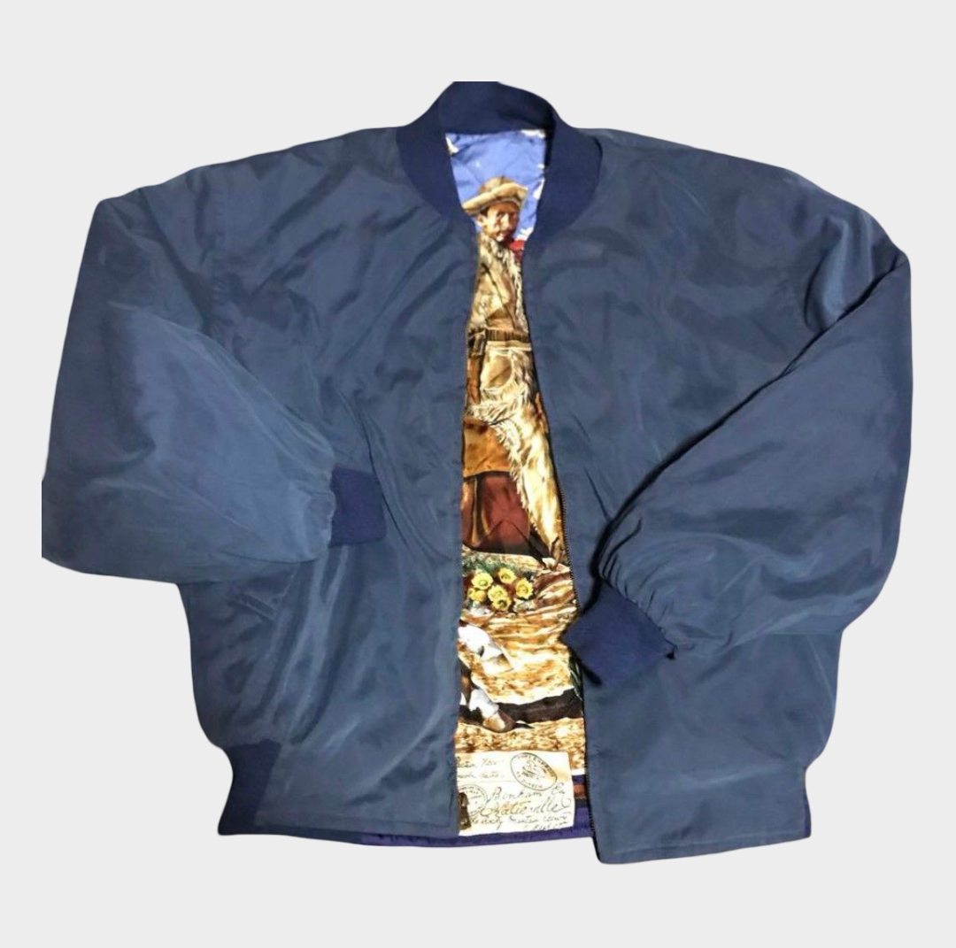 Vintage Hermès Silk MA-1 Western Frontier Cowboy Desert Print Jacket Size 48 Reversible