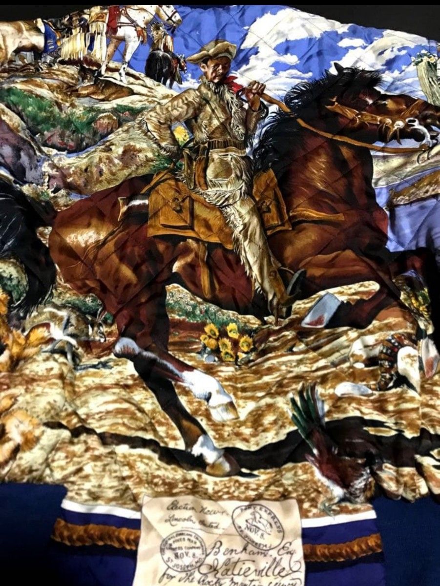 Vintage Hermès Silk MA-1 Western Frontier Cowboy Desert Print Jacket Size 48 Reversible