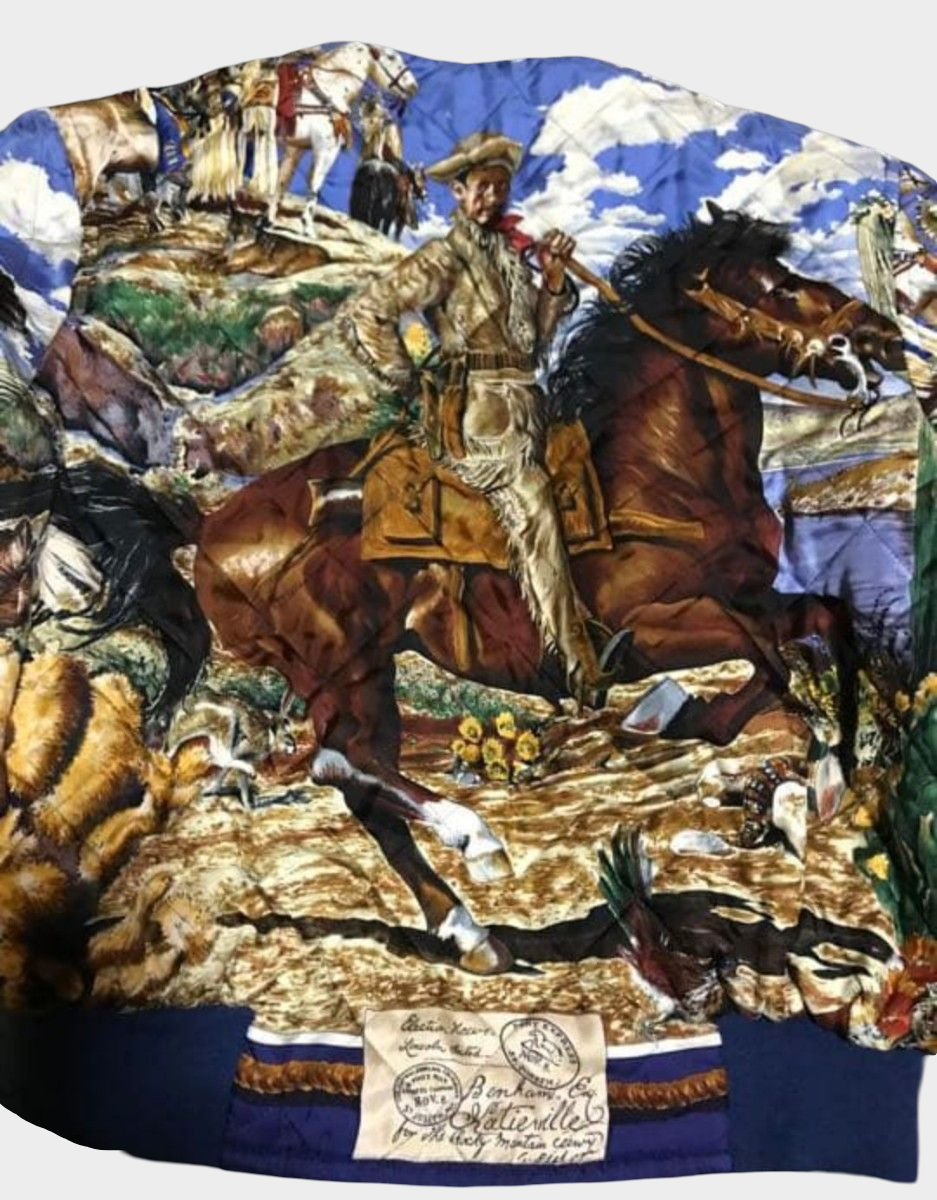 Vintage Hermès Silk MA-1 Western Frontier Cowboy Desert Print Jacket Size 48 Reversible