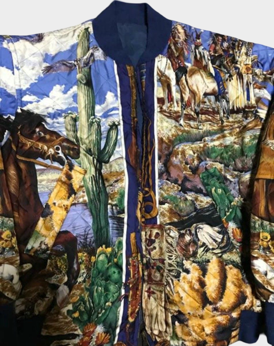 Vintage Hermès Silk MA-1 Western Frontier Cowboy Desert Print Jacket Size 48 Reversible