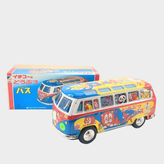 Vintage Ichiko Animal Bus Tin Toy with Box Japanese Showa Friction Microbus