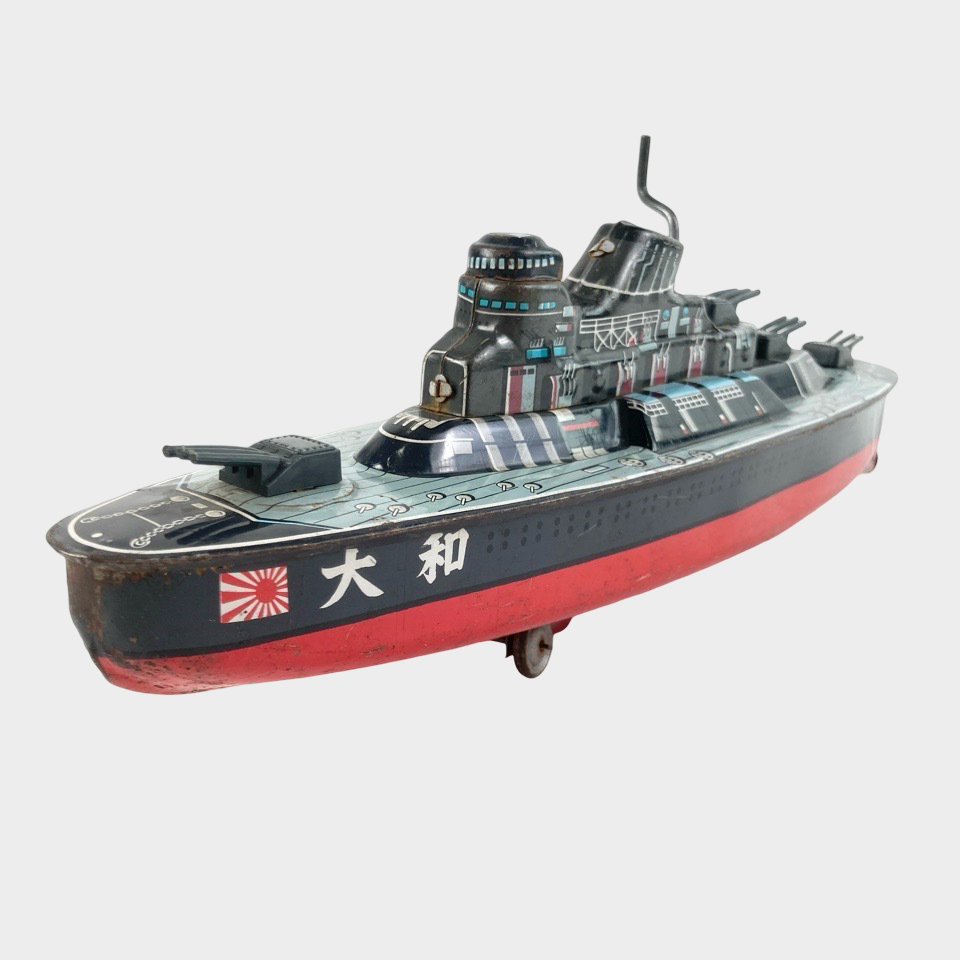 Vintage Iconic Historical Imperial Battleship Yamato Tin Toy — Japanese Friction Naval Model, Showa Era