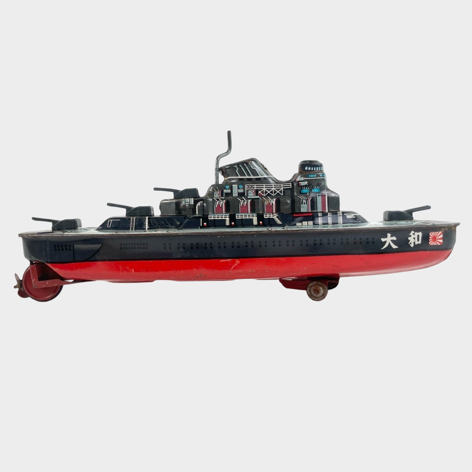 Vintage Iconic Historical Imperial Battleship Yamato Tin Toy — Japanese Friction Naval Model, Showa Era