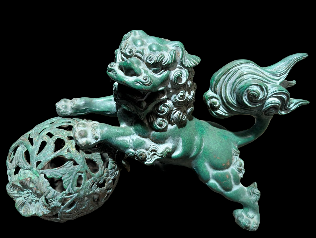 Vintage Showa Era Japanese Guardian Shishi Koma Inu Lion Metal Okimono with Jewel Ball