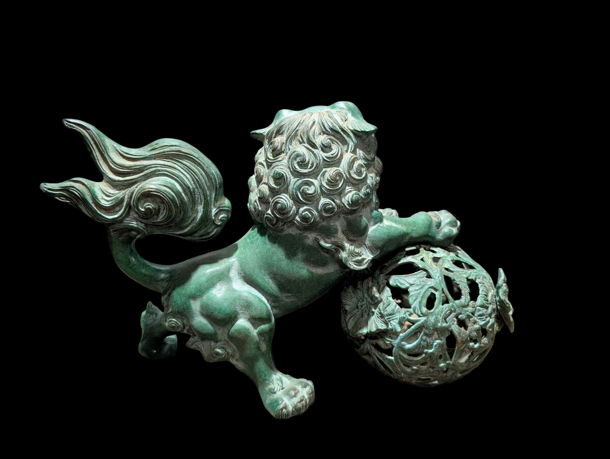 Vintage Showa Era Japanese Guardian Shishi Koma Inu Lion Metal Okimono with Jewel Ball